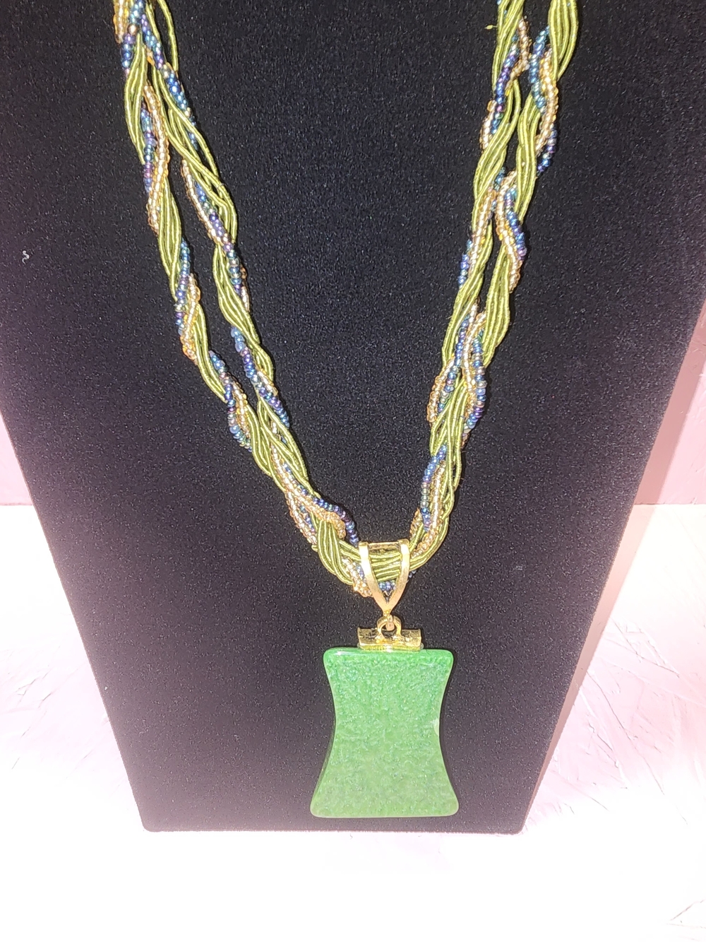 Source Unknown Green Multistrand Beaded Pendant Necklace with Gold Accents